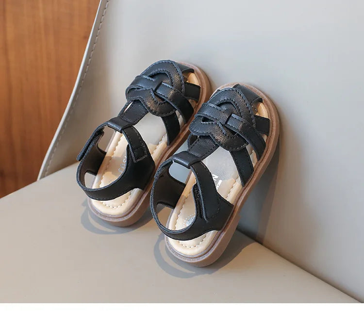 Girls Roman Shoes Children Solid Color Classic Retro Style Student Uniform Shoes Kids Fashion Girl Toes Wrapped Sandals I03284