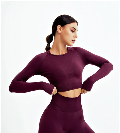 2/3Pcs Women Seamless Fitness Yoga Suit Workout Long Sleeve Crop Top Shirt Sports Bra High Waist Running Leggings Gym Clothing