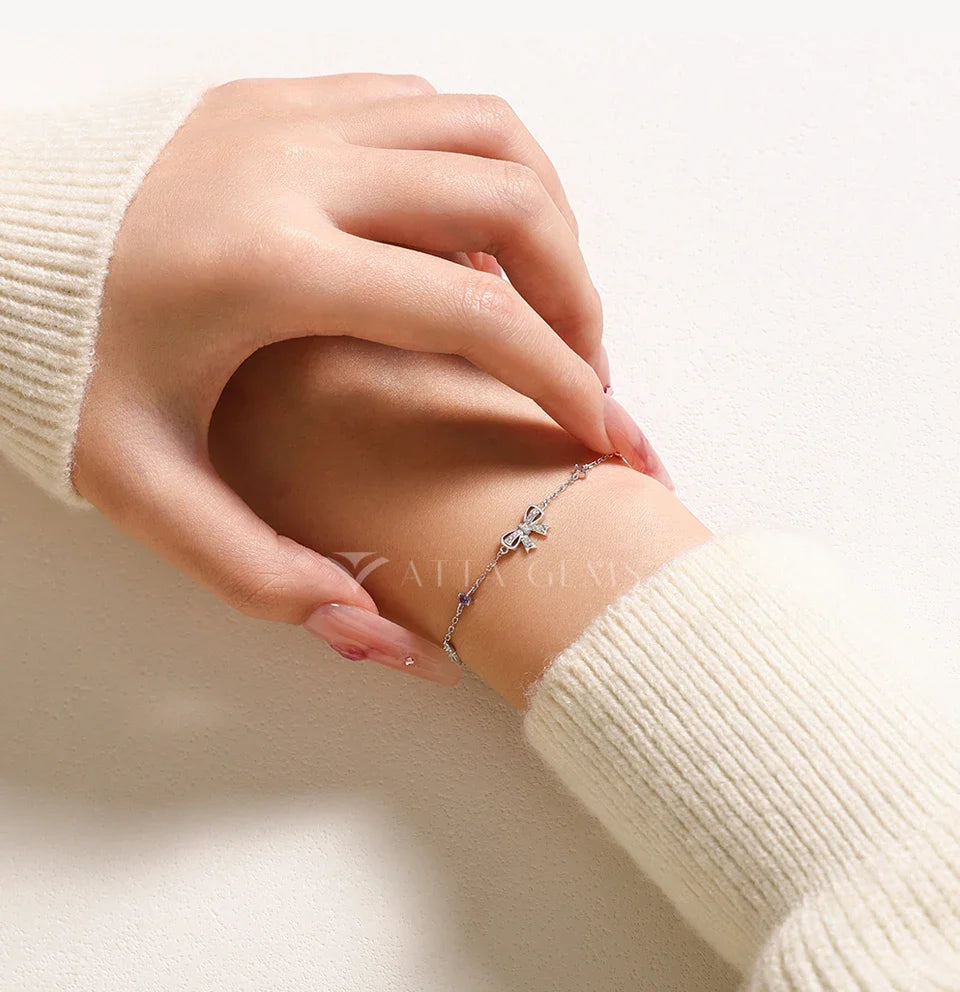 925 Sterling Silver Bow Moissanite Bracelet Sweet Original Design Colorful Pink Zircon Bracelets for Women Party Gifts