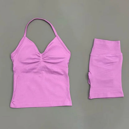 2 Pieces Sports Set Women Backless Halter Tops Fitness Tank Top High Waist Seamless High Stretch Shorts Gym Workout Sets