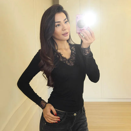 V neck Lace T shirt Top Women Sexy Navel Exposed Pullover Fashion Splice Hot Girl Club Party Top Autumn New Lady T shirt