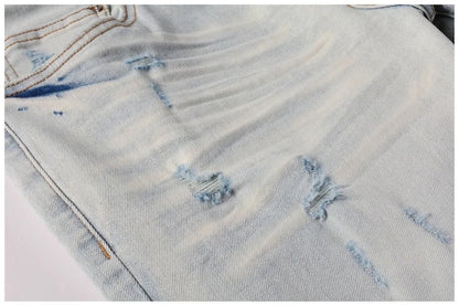 Calça Jeans Masculina de Cintura Reta Rasgada, Cor Sólida, Elástica, Respirável, Confortável e de Alta Qualidade, Nova Tendência Primavera Outono