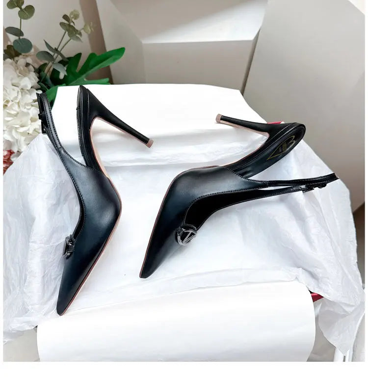 Thin heeled Baotou sandals for women's summer 2026 new style, pointed back strap, metal buckle, versatile high-heeled sandals