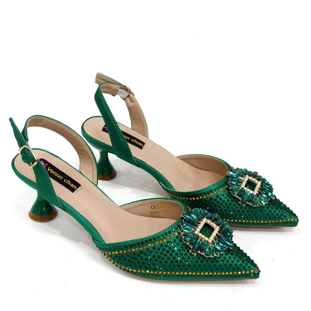 Elegant Nigerian Women’s Italian Design Black Heels and Handbag Set With Rhinestone Accents for Wedding and Party