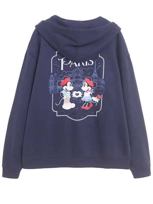 Mickey Mouse Paris Letter Cartoon Print Fleece Sweatshirt Fashion Unisex Women Pockets Hooded Zip Up Jumper Tops