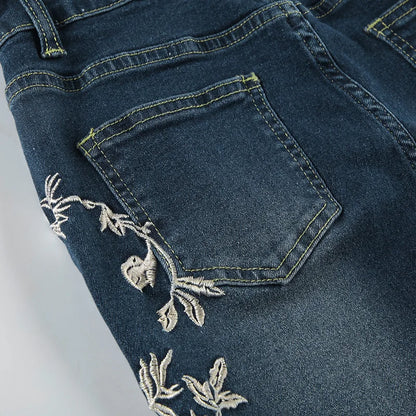 Women Retro Y2k Jeans Baggy Floral Embroidery Jeans Vintage 2000s Low Rise Flared Denim Pants High Street Basic Trousers