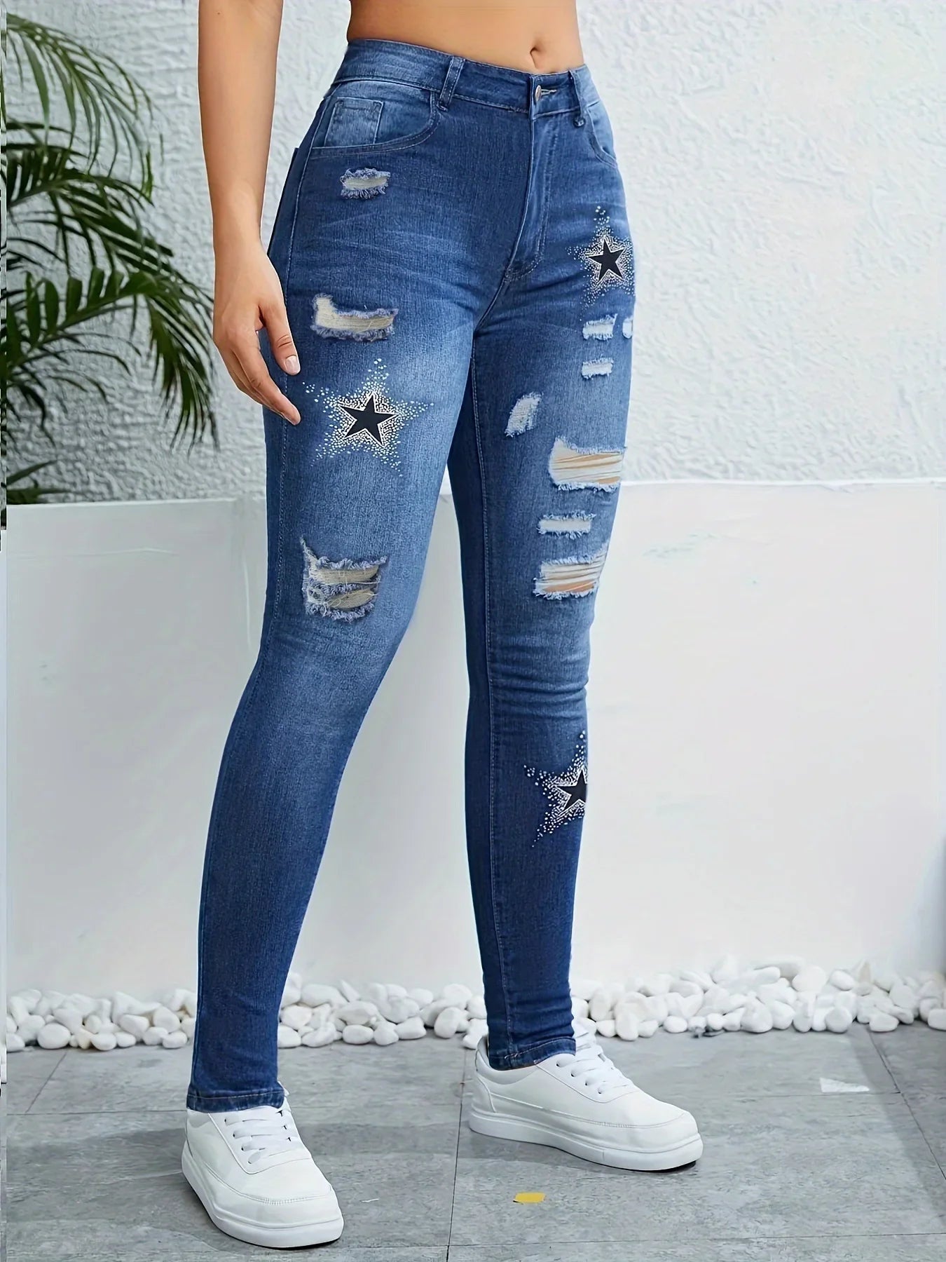 Women's Fashion Hole Spell Color Skinny Jeans