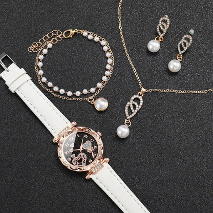 4pcs/set Women's Shiny Rhinestone Quartz Watch Analog PU Leather Wrist Watch  Faux Pearl Jewelry Set Girls Gift（Without Box）