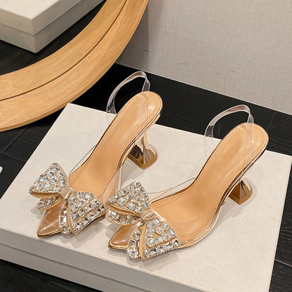 PVC Transparent Women Pumps Sexy Crystal Bowknot Pointed Toe  Slingback High Heels Mules Sandal Female Wedding Prom Shoes