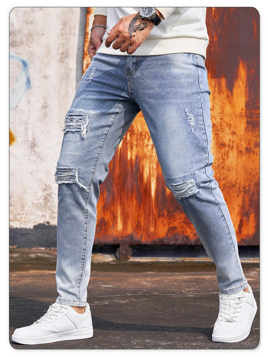 Men's Blue Elastic Skinny Jeans Vintage Hole Washed Solid Color Denim Pants Men's Casual and Fashionable Pencil Pants Street