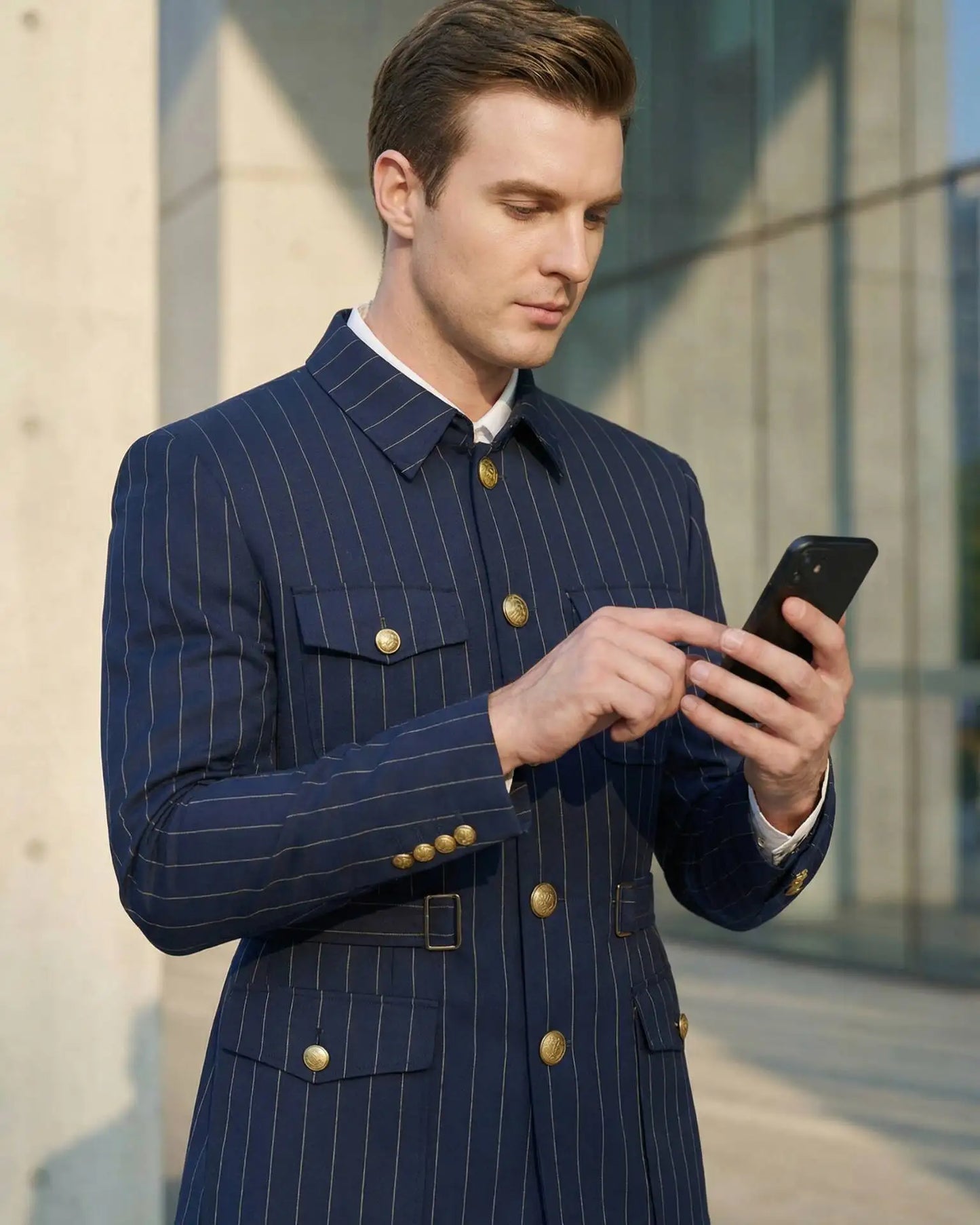 Elegant Dark Blue Striped Men's Suit Slim Fit Double-Breasted Jacket And Trouser Set Fashionable Collarless 2-Piece Suit