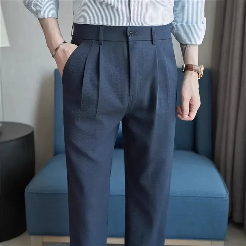Summer Lightweight Suit Pants Men Solid Color Straight Smart Casual Suit Trousers Mens Half Elastic Waist Full Length Pants