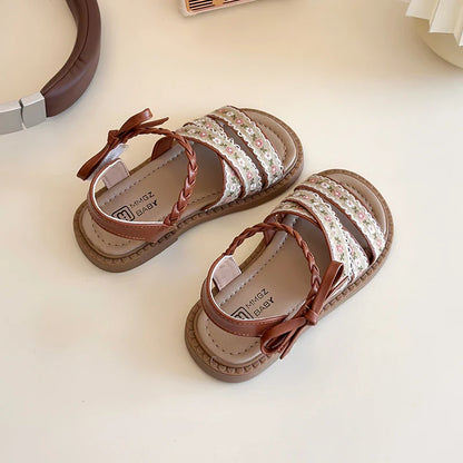 Summer Girl's Sandals Braided Flower Classic Trendy Vintage Kids Sliders Beige Brown Open Toe Holiday Pu Leather Children Shoes