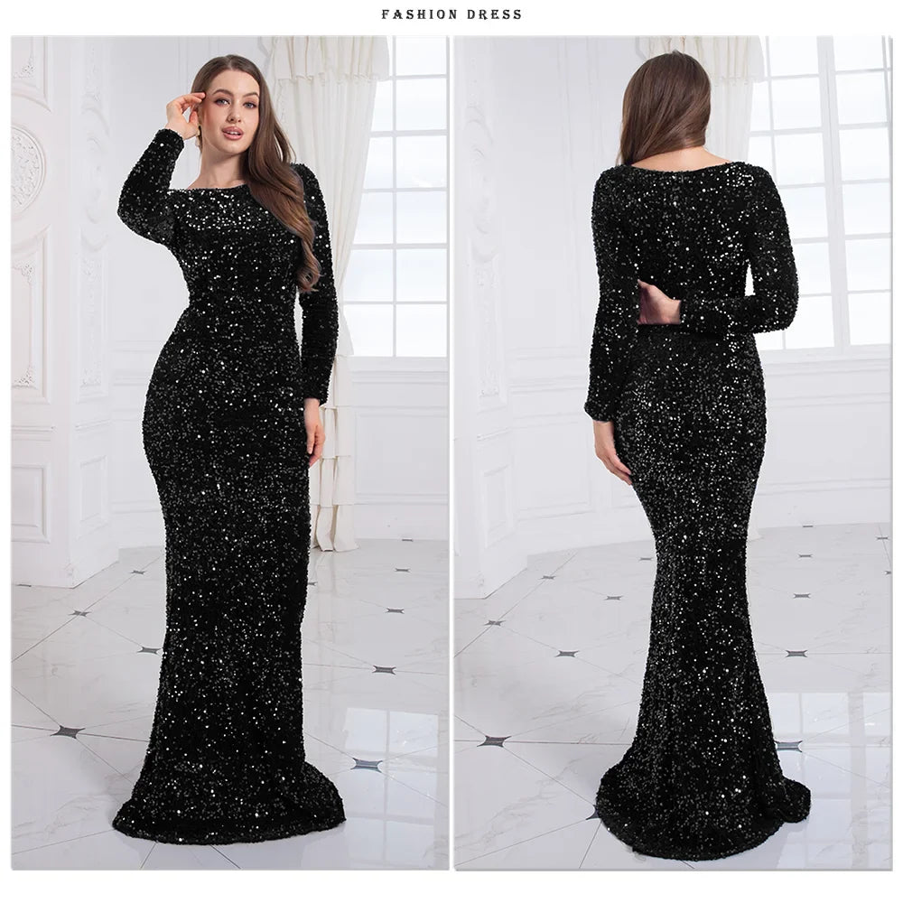 Romagic Women Modest Stretch Sequin O Neck Evening Prom Gown Party Long Dresses Full Sleeved Mermaid Formal Dinner Elegant Dress