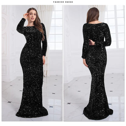 Romagic Women Modest Stretch Sequin O Neck Evening Prom Gown Party Long Dresses Full Sleeved Mermaid Formal Dinner Elegant Dress