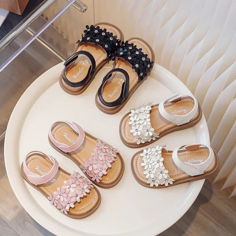 Little Girls Floral Bohemian Sandals with Beads Princess Sweet Kids Summer Shoes Open Toes Anti-skid Size 22-31Hook & Loop Cute
