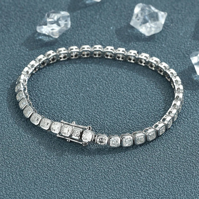Full Asscher Cut 3x3mm 0.15CT Bezel Type Moissanite Tennis Bracelet for Women Men Party 925 Silver GRA Certified Bracelets