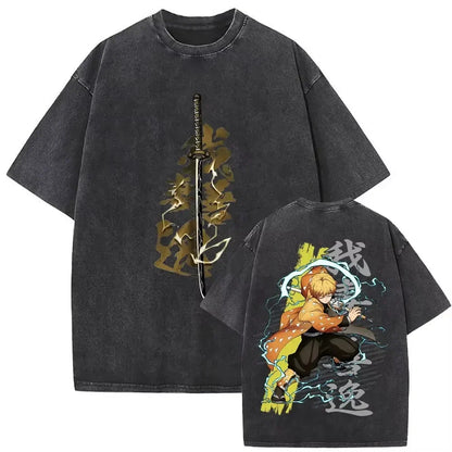 Summer Men's Washes T-shirts Japanese Anime Demon Slayer Agatsuma Zenitsu Graphic Clothing Harajuku Y2K Oversized  Cotton Tops