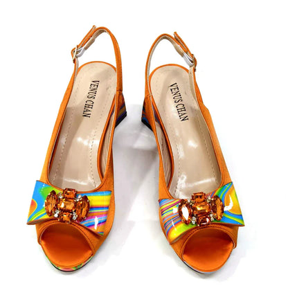 Fashion Purple Color Painted Rhinestones Elegant Peep Toe Sandals Shoes and Bag Set Italian Heels for Womens