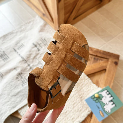 Kids'Casual Shoes Sandals PU Leather Fashion Solid Color Summer Shoes For Girls Buckle Anti-slip Brown White Shoes Size 21-30