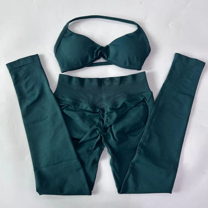 2 Pieces Set For Woman Strappy Yoga Bra Sports Top Workout Leggings Set Seamless Gym Set Fitness Clothes Outfit Activewear