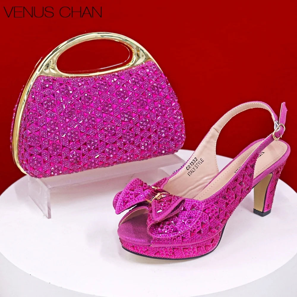Style Dark Green Color Rhinestone Elegant High Heels Nigeria Popular Design African Ladies Shoes And Bag Set