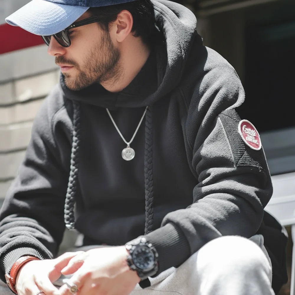 Autumn Winter Casual Heavyweight Hoodie Men's Black Versatile Thickened Fleece Pullover Loose Warm Hooded Sweatshirt