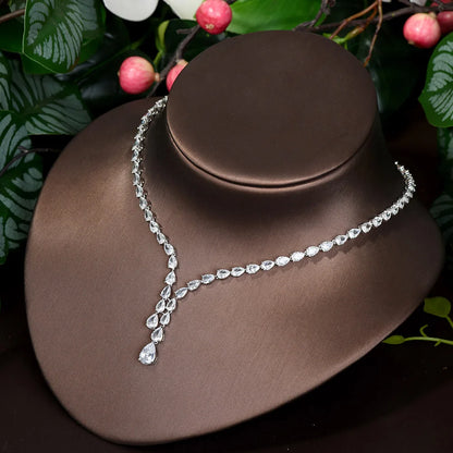 Simple CZ Ladies Jewelry Sets Water Drop Cubic Zirconia Crystal Tassel Earrings and Necklace Set for Women Gifts N-1149