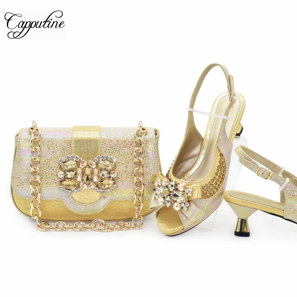 Peach Women Shoes And Bag Set Fashion African Ladies High Heels Sandals Match With Handbag Pumps Nigerian Sandales Femmes 988-10
