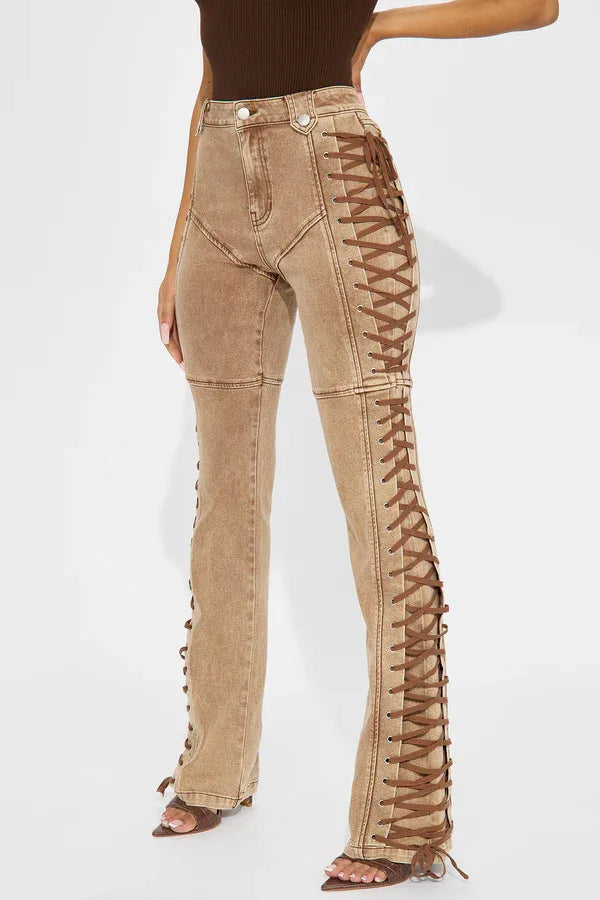 Spliced Draw String Denim Ankle Length Pants