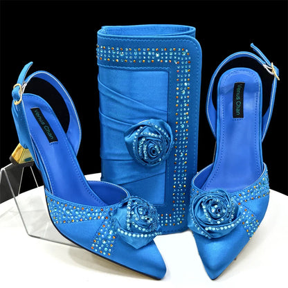 Sparkling Rhinestone Rose Pumps With Medium Heel for Nigerian Women's Party, Pointed Toe Shoes and Matching Bags