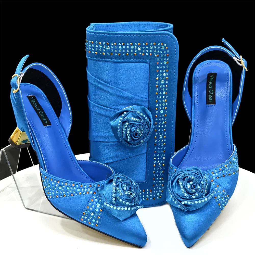 Elegant Rhinestone-Embellished Brown Heeled Shoes and Handbag Set for Women with Floral Decoration – Perfect Small Size Fashion