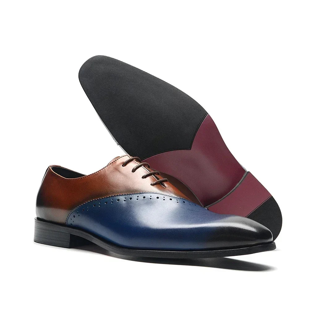High Quality Men's Genuine Leather Wedding Dress Shoes Pointed Toe Lace-Up Formal Oxfords in Brown/Blue for Party Dinner