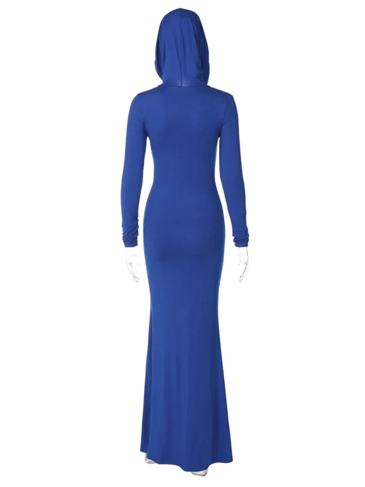 Fashion Sexy Solid Hooded Maxi Dresses Women Elegant Casual Long Sleeve Slim Bodycon Party Vestidos Robes Streetwear