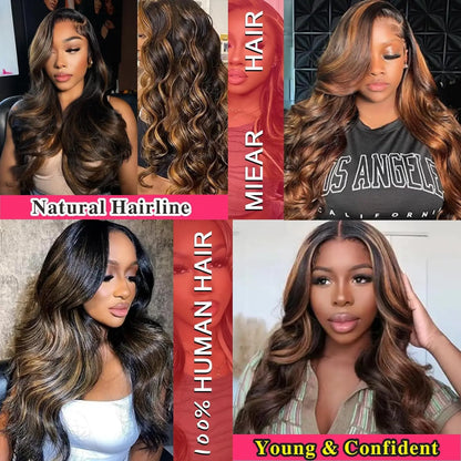 Highlight Ombre Lace Front Wig Human Hair Body Wave Pre Plucked 1B/30 Lace Front Human Hair Wig 200 Density 30 Inch For Women