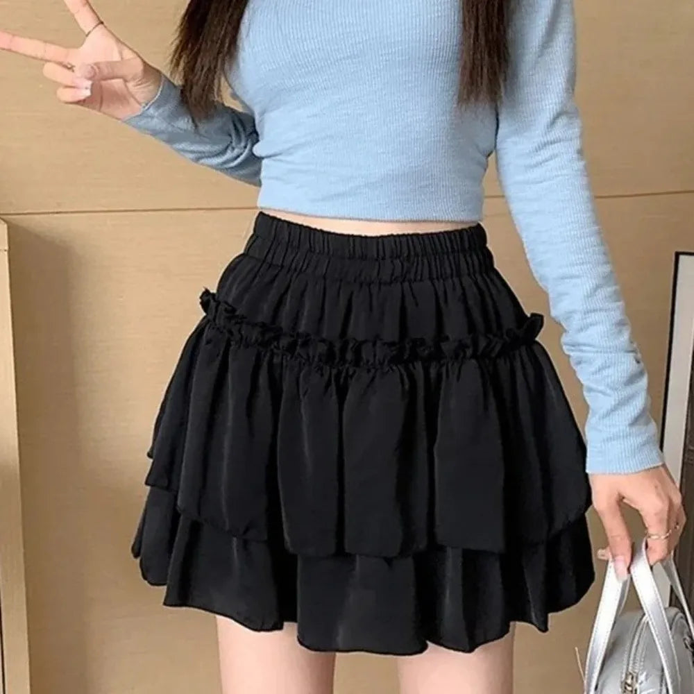 Chic Sweet Style Pleated A-Line Skirt Elegant Versatile Tiered Skirt Basic Cut High Waist Elastic Waist Skirt Summer