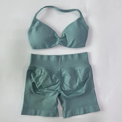 NO LOGO 2PCS Gym Set Women Strappy Yoga Bra Top High Waist Workout Scrunch Shorts Sports Suit Seamless Yoga Set Fitness Clothes