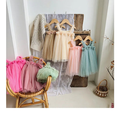 1-6 Y Girls Dresses  3D Flower A Line Dress for Girls Sleeveless Camisole Mesh Dress