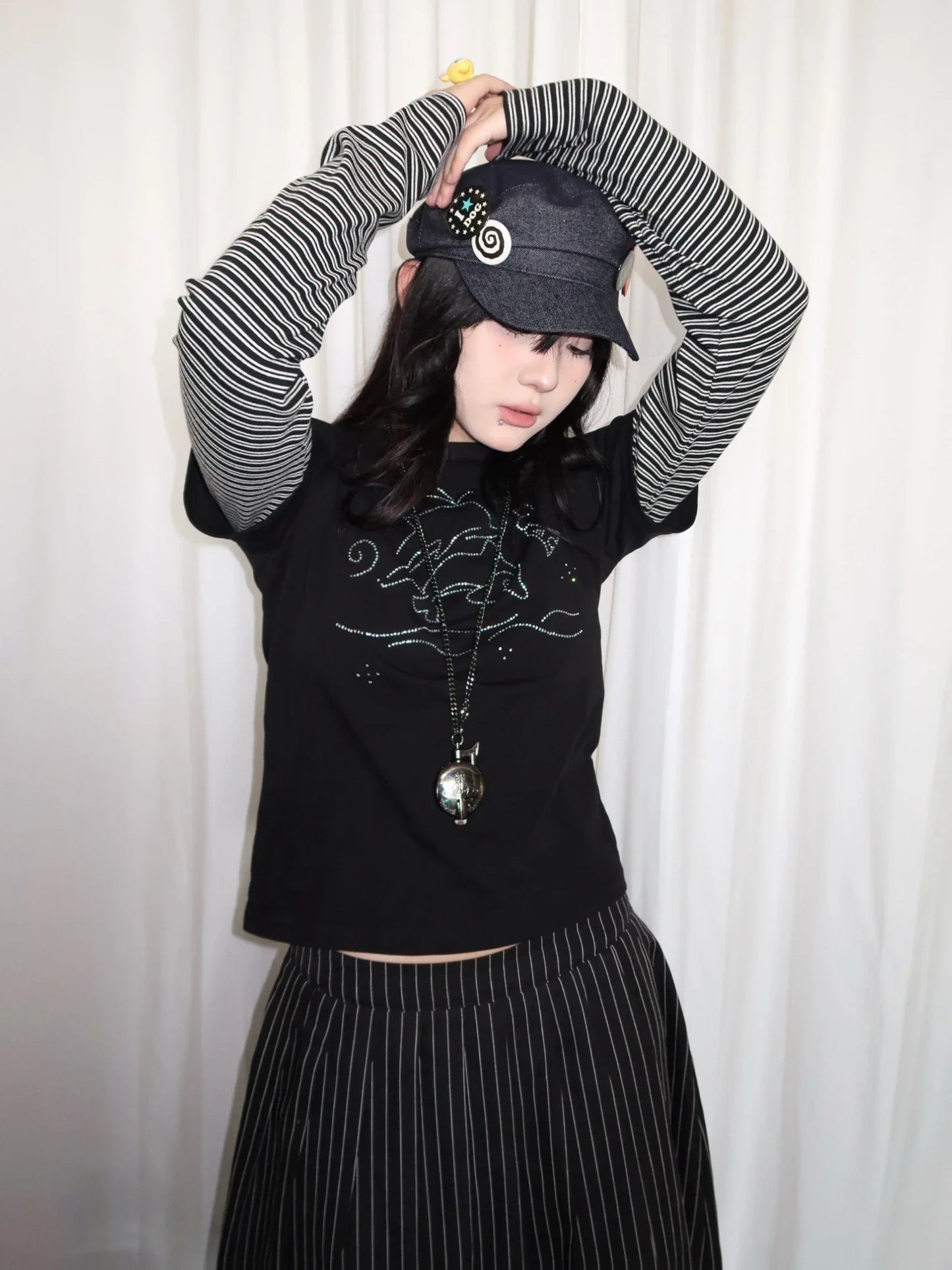 Y2k Vintage T-shirt Women Long Sleeve Patchwork Japanese 2000s Grunge Tops Streetwear American Retro Print Graphic Tops