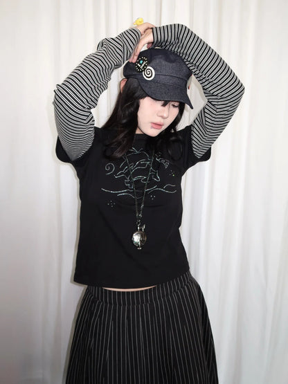 Y2k Vintage T-shirt Women Long Sleeve Patchwork Japanese 2000s Grunge Tops Streetwear American Retro Print Graphic Tops