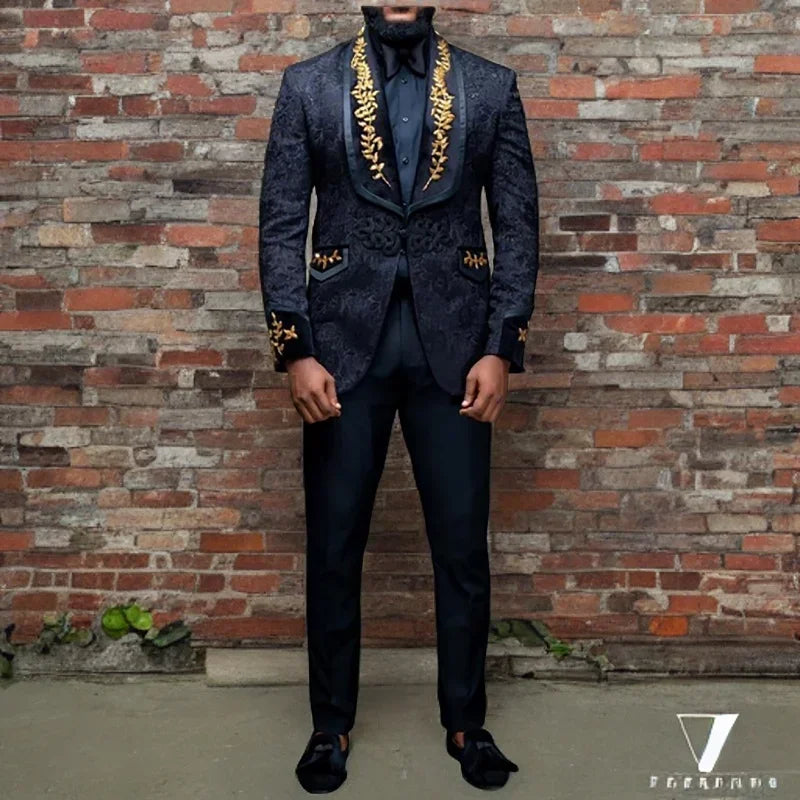 Black Floral Men Suits with Buttons Shawl Lapel Jacket with Pants 2  Piece Wedding Groom Tuxedo ( Blazer + Trousers) 2024