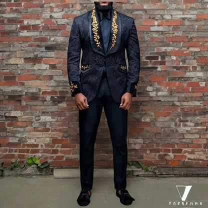 Black Floral Men Suits with Buttons Shawl Lapel Jacket with Pants 2  Piece Wedding Groom Tuxedo ( Blazer + Trousers) 2024