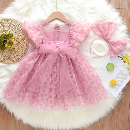 2026 New Girls' Summer Dress 2-8Y Sweet Girls Floral Puff Short Sleeve Princess Dress Kid's Clothes Children's Mesh Dress
