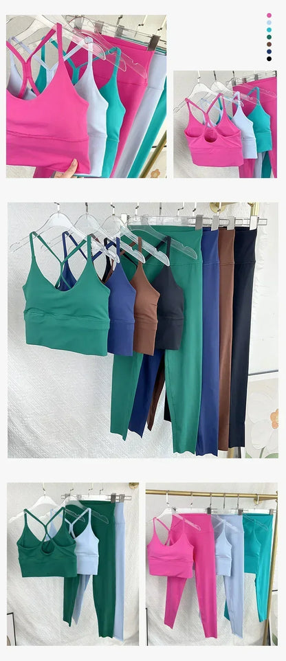 2 Piece Yoga Set Sportswear Fitness Suits Sexy Cross back Yoga Tops Elasticity High Waist Leggings Running Sports Clothing