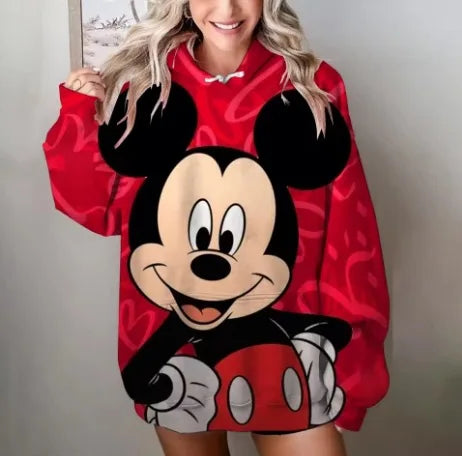 Mickey Mouse Red Hoodie Women 2025 Autumn Oversized Printed Pullover Casual Streetwear Disney Y2K Aesthetic Fashion Comfortable