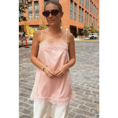 New Summer Fashion Women's Tank Top Elegant Satin Cami with Lace Trim Sexy Women's Spaghetti Strap Blouse Y2k Clothing