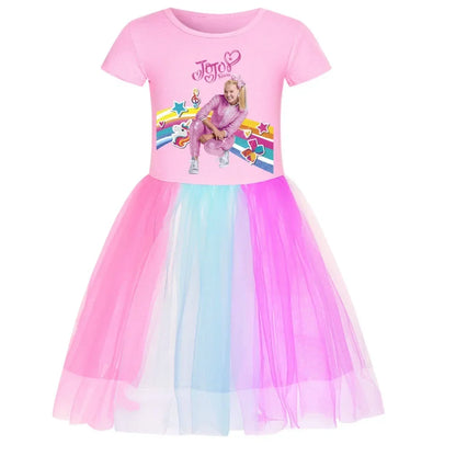 2025 Girls Princess Dress Kids Cute JOJO Siwa T Shirt Pleated Dresses Children Summer Vestidos Cartoon Birthday Party Clothes