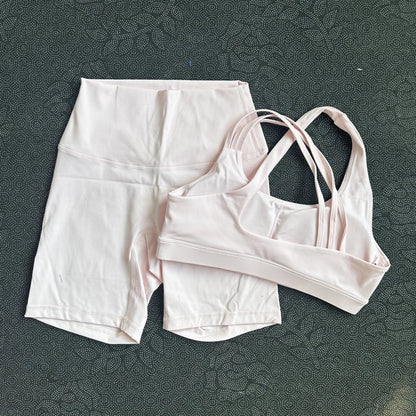Solid Color Gym Yoga Set Short Legging Cross Back Shoulder Strap Sport Bra Tracksuit Women Suit Comprehensive Training Athletic