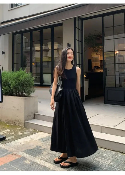 New Vintage Black Tank Top Midi Dress Wedding Dresses for Women Clothing O Neck Office Lady Casual Pockets Women's Clothing