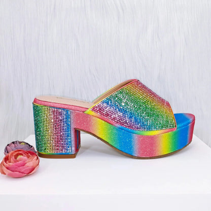 Italian Design Rainbow Colored Rhinestone Striped High Heels, Nigerian Paired With Open Sandals, Shoes Bag Set For Women